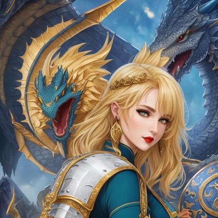 01533-631388611-Dragon Tamer, a medieval-style tunicwith a dragon design with a shield, a sword, and a dragon, Lady, Short, Slim, Oval Face, Fai.jpg